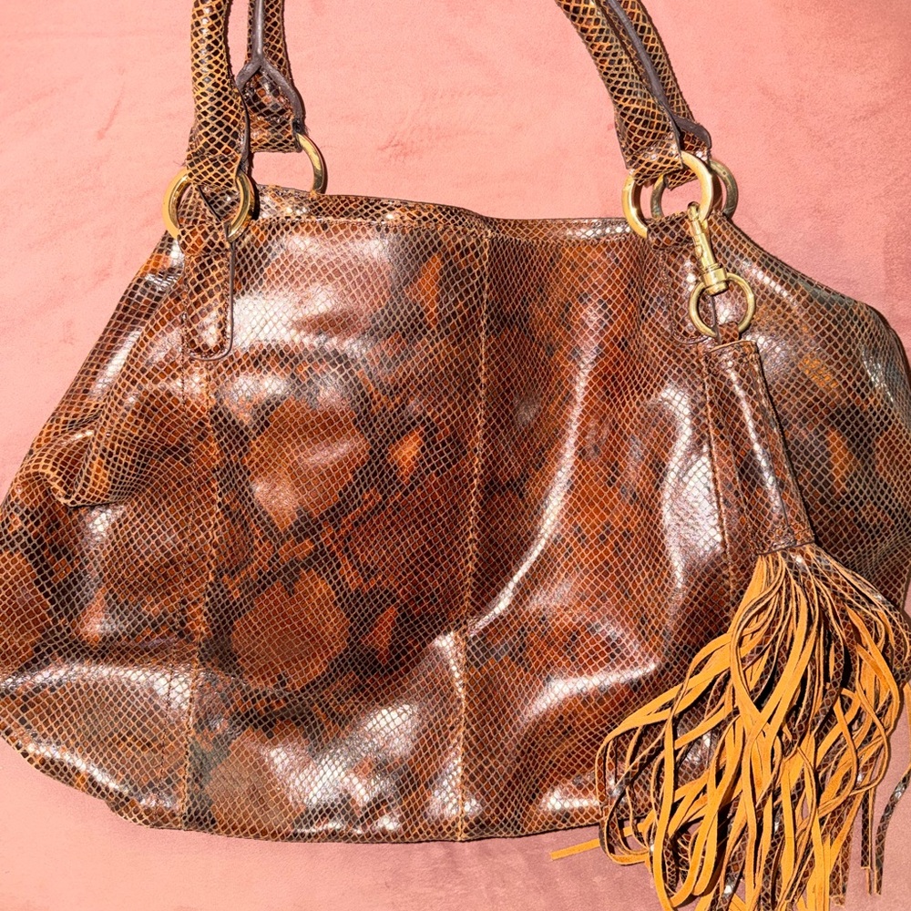 Brown Snake-Print Leather Tote Bag with Tassel